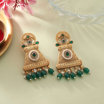 Elegant Green Color Matte Gold Earrings With Kundan And Meenakari Craftwork