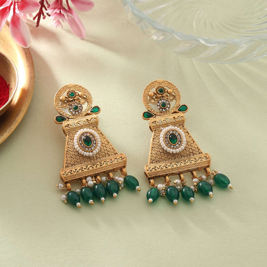 Elegant Green Color Matte Gold Earrings With Kundan And Meenakari Craftwork
