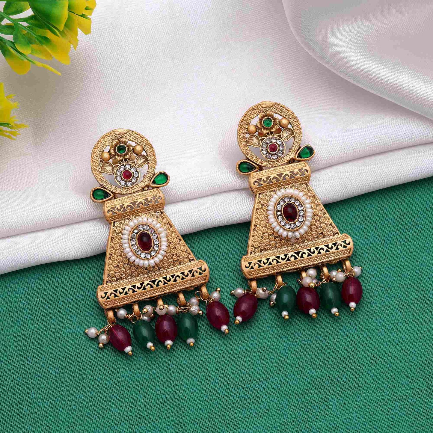 Royal Rani & Green Color Matte Gold Earrings For Wedding And Cultural Events
