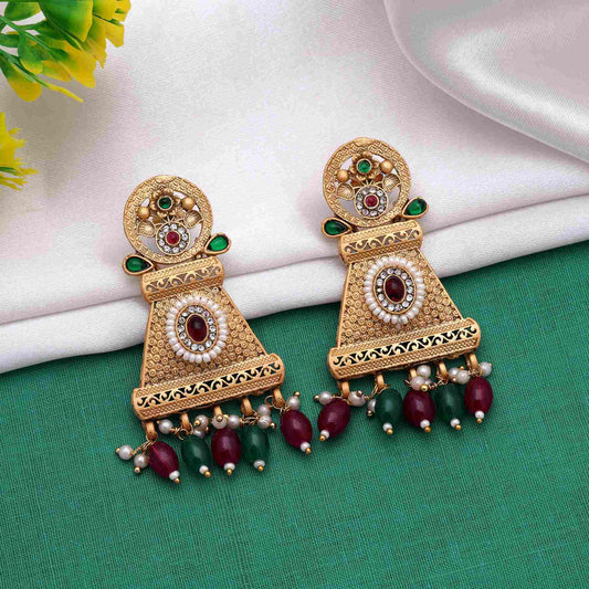 Royal Rani & Green Color Matte Gold Earrings For Wedding And Cultural Events