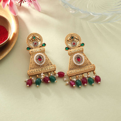 Royal Rani & Green Color Matte Gold Earrings For Wedding And Cultural Events