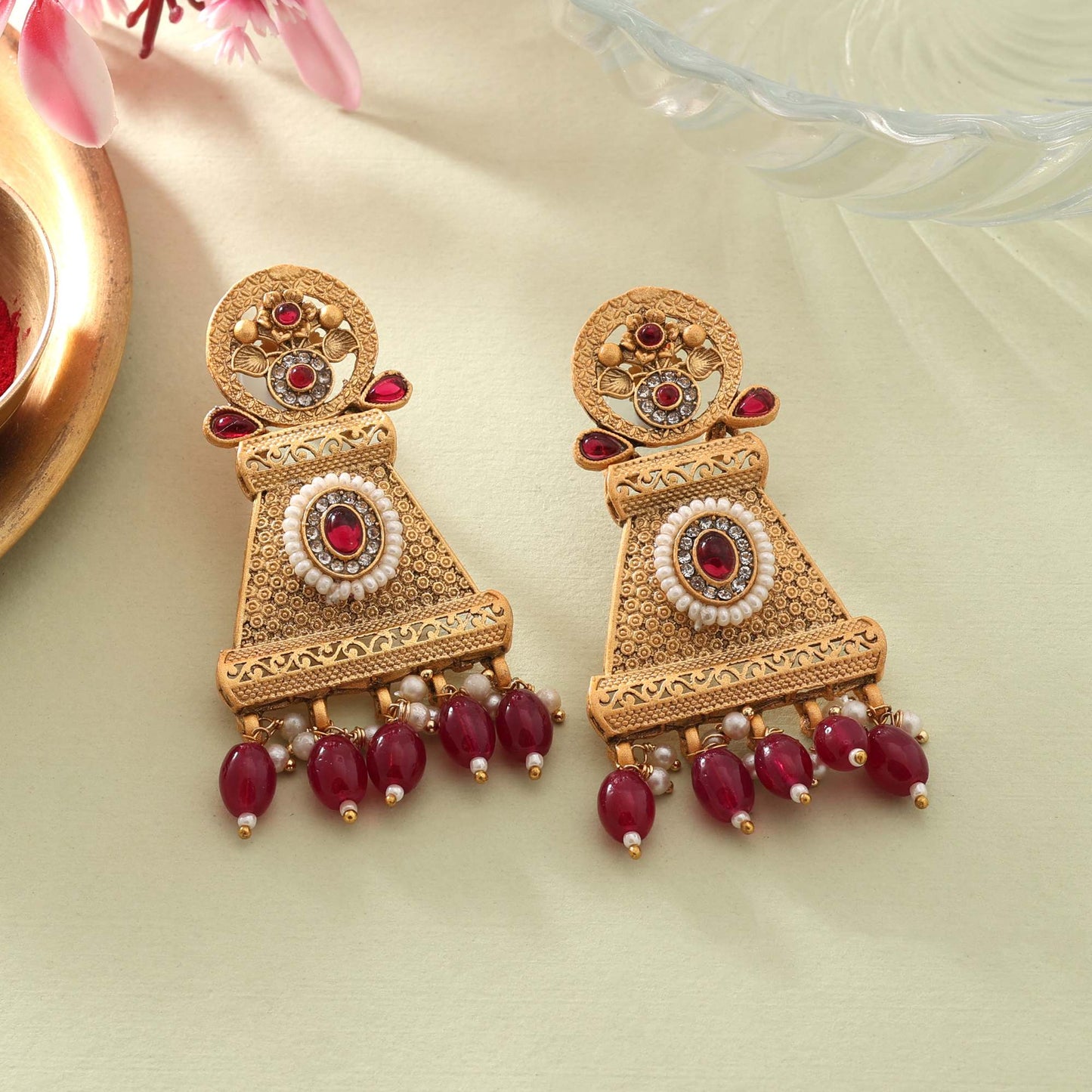 Beautiful Rani Color Matte Gold Earrings For Women’S Bridal And Festive Wear
