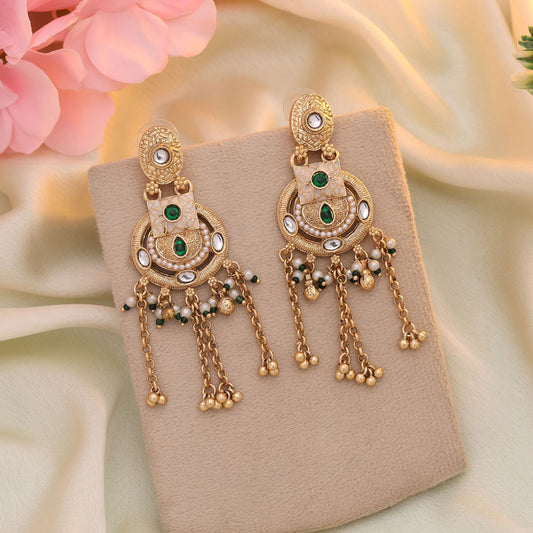 Green Color Matte Gold Earrings Inspired By Classic Indian Craftsmanship For Elegant Styling
