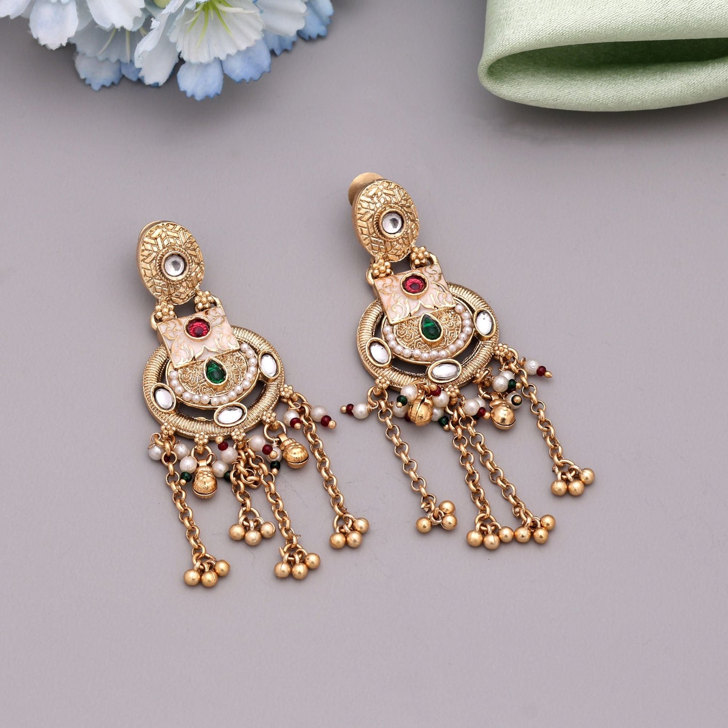 Rani & Green Color Matte Gold Earrings With Royal Finish Ideal For Wedding Occasions