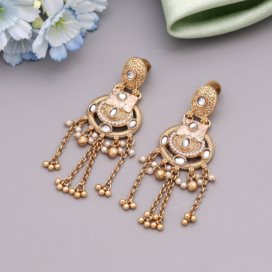 White Color Matte Gold Earrings Designed For Subtle Elegance And Graceful Ethnic Looks