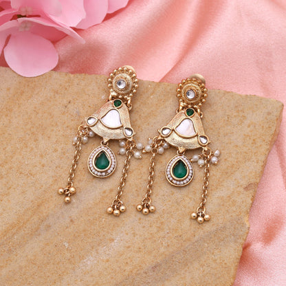 Green Color Matte Gold Earrings Offering Rich Texture And Stunning Handcrafted Detailing