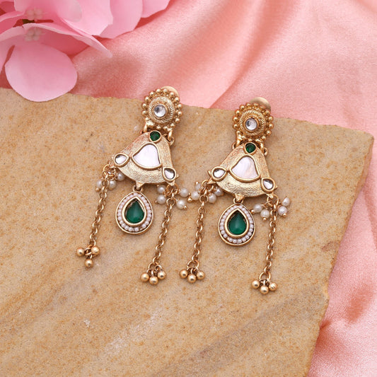 Green Color Matte Gold Earrings Offering Rich Texture And Stunning Handcrafted Detailing