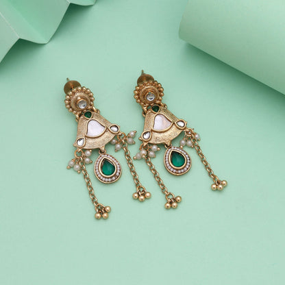 Green Color Matte Gold Earrings Offering Rich Texture And Stunning Handcrafted Detailing