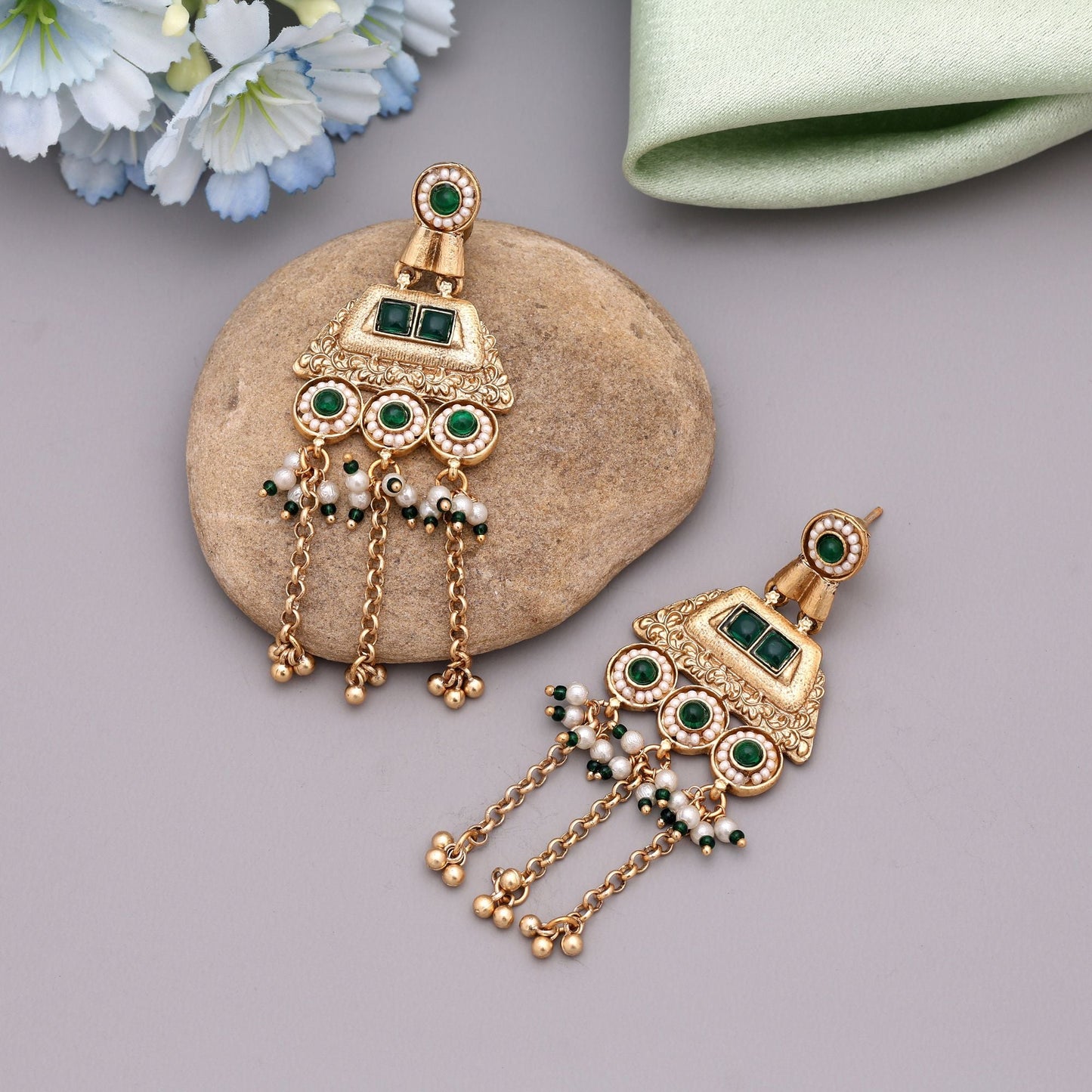 Green Color Matte Gold Earrings Inspired By Temple Jewellery Traditional Indian Aesthetics