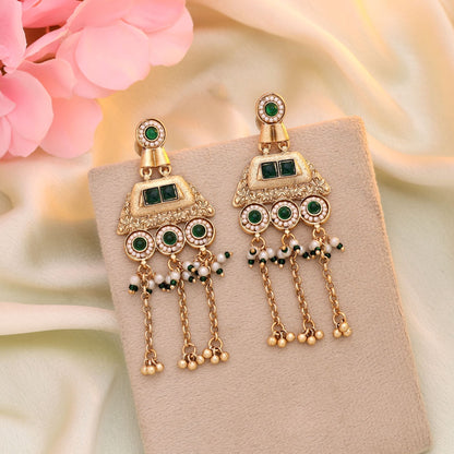 Green Color Matte Gold Earrings Inspired By Temple Jewellery Traditional Indian Aesthetics