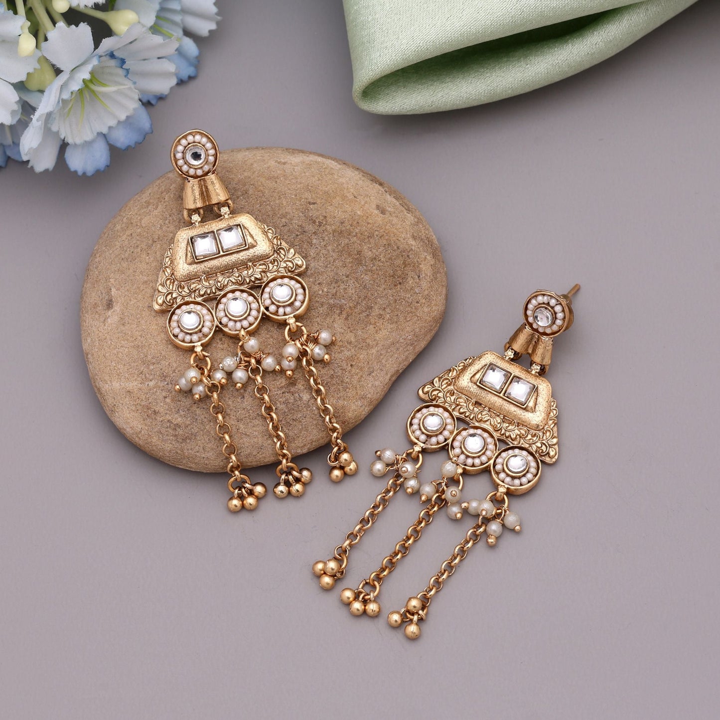White Color Matte Gold Earrings Ideal For Pairing With Sarees Lehengas And Suits