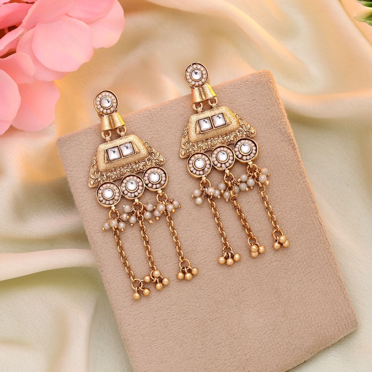 White Color Matte Gold Earrings Ideal For Pairing With Sarees Lehengas And Suits