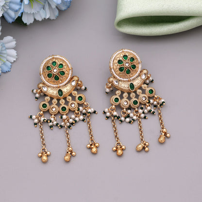 Green Color Matte Gold Earrings Crafted With Detailed Patterns For Festive Ethnic Fashion