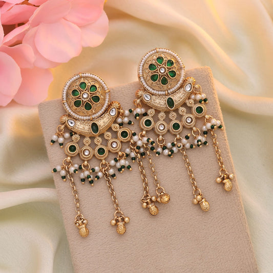 Green Color Matte Gold Earrings Crafted With Detailed Patterns For Festive Ethnic Fashion