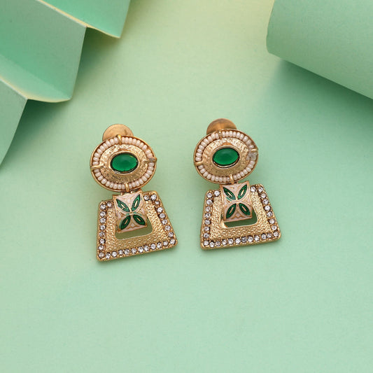 Green Color Matte Gold Earrings With Antique Inspired Detailing And Premium Matte Shine