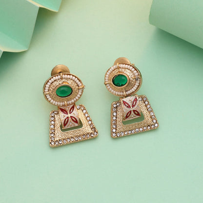 Maroon & Green Color Matte Gold Earrings Inspired By Heritage Designs And Festive Traditions
