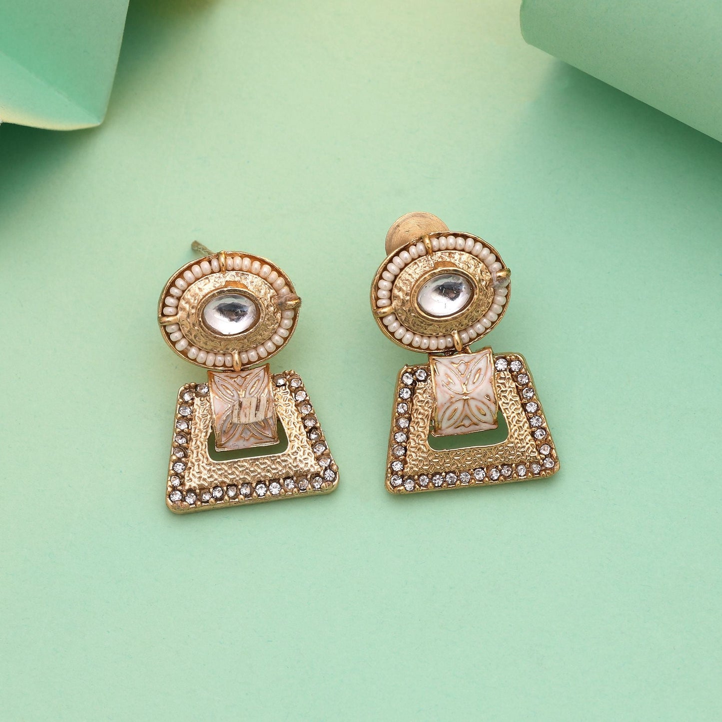 White Color Matte Gold Earrings Made For Elegant Daily Wear And Special Occasions
