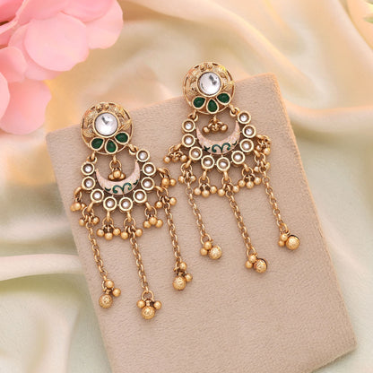 Green Color Matte Gold Earrings Reflecting Rich Indian Artistry And Timeless Beauty