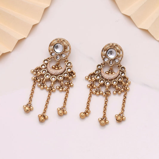 White Color Matte Gold Earrings Designed For Graceful Traditional And Fusion Styling