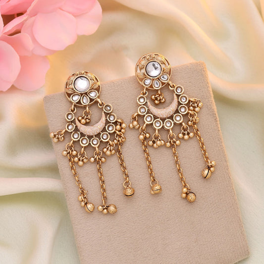 White Color Matte Gold Earrings Designed For Graceful Traditional And Fusion Styling