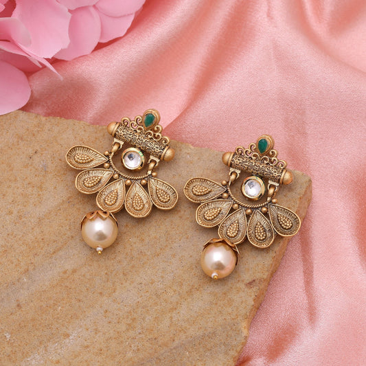 Green Color Matte Gold Earrings Showcasing Traditional Craftsmanship And Bold Ethnic Appeal