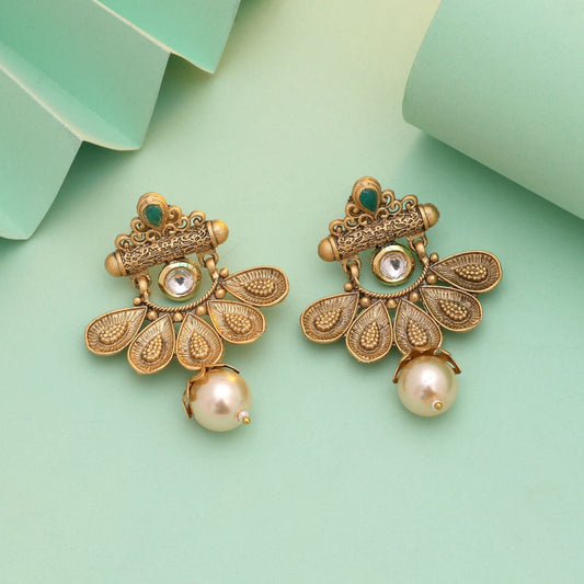 Green Color Matte Gold Earrings Showcasing Traditional Craftsmanship And Bold Ethnic Appeal