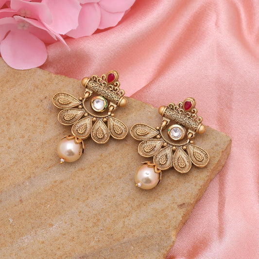 Rani Color Matte Gold Earrings Highlighting Cultural Elegance And Detailed Metal Artistry