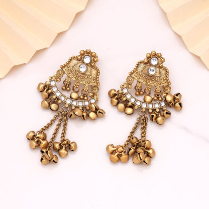 White Color Matte Gold Earrings Offering Sophisticated Charm With Ethnic Inspiration