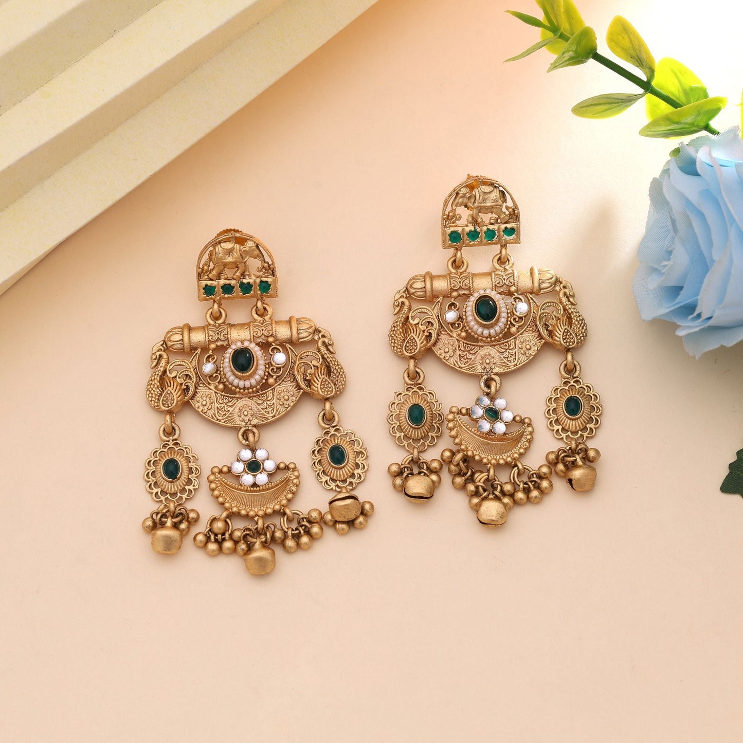 Green Color Premium Ethnic Matte Gold Earrings For Occasions