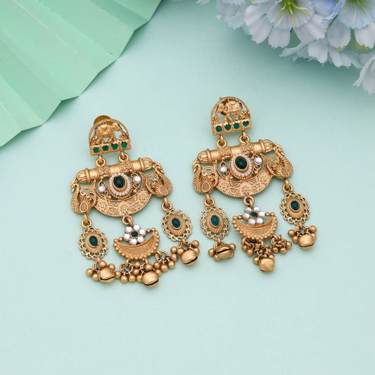 Green Color Premium Ethnic Matte Gold Earrings For Occasions