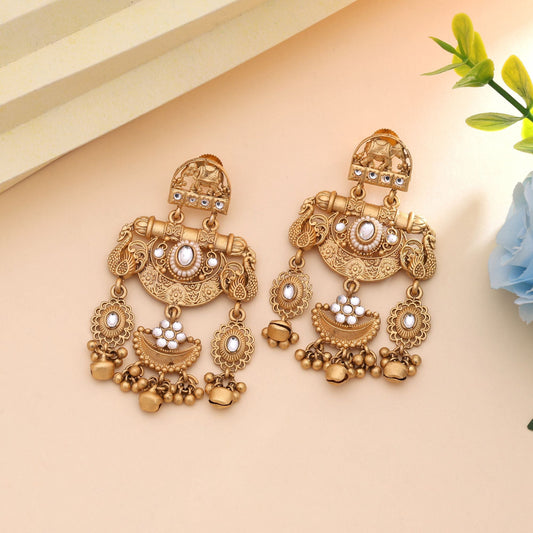 White Color Elegant Traditional Matte Gold Earrings For Festive Look