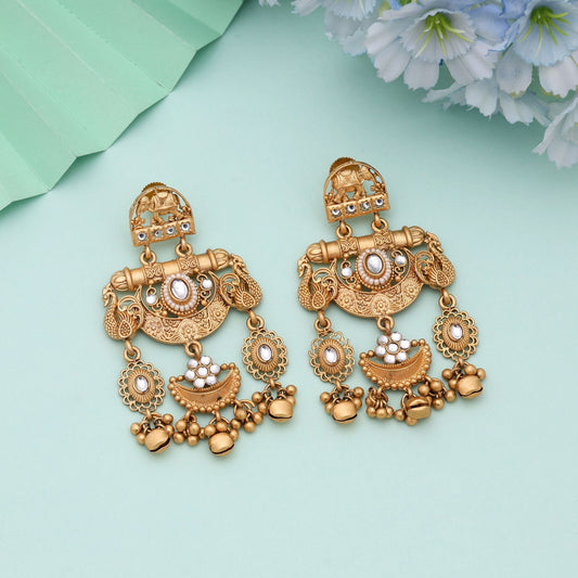 White Color Elegant Traditional Matte Gold Earrings For Festive Look