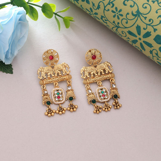 Rani & Green Color Designer Ethnic Matte Gold Earrings Collection