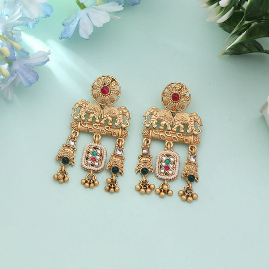 Rani & Green Color Designer Ethnic Matte Gold Earrings Collection