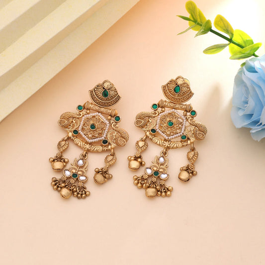Green Color Elegant Wedding Wear Matte Gold Earrings