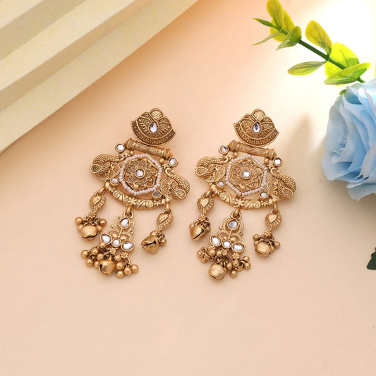 White Color Classic Party Wear Matte Gold Earrings