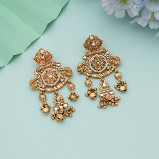 White Color Classic Party Wear Matte Gold Earrings