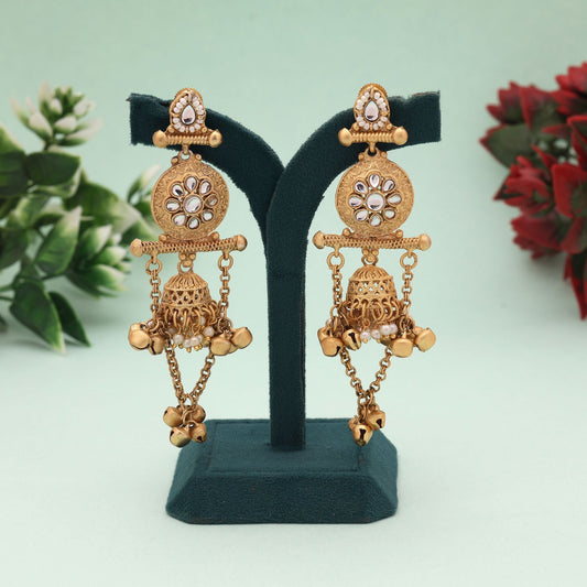 White Color Ethnic Traditional Matte Gold Earrings Design