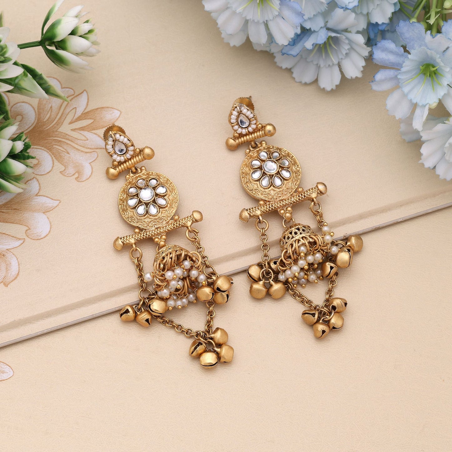 White Color Ethnic Traditional Matte Gold Earrings Design
