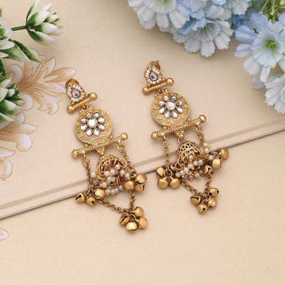 White Color Ethnic Traditional Matte Gold Earrings Design
