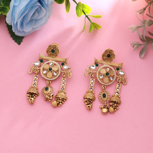 Green Color Royal Party Wear Matte Gold Earrings