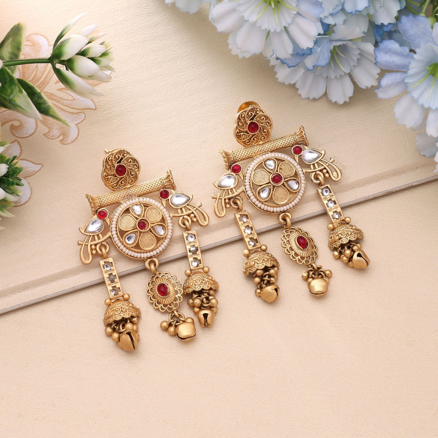 Rani Color Traditional Festive Matte Gold Earrings