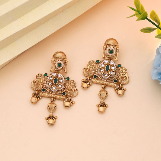 Green Color Classic Occasion Wear Matte Gold Earrings