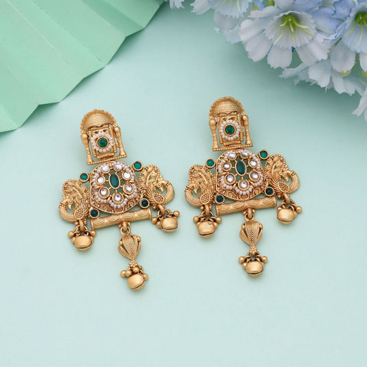 Green Color Classic Occasion Wear Matte Gold Earrings