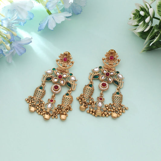 Rani & Green Color Festive Designer Matte Gold Earrings