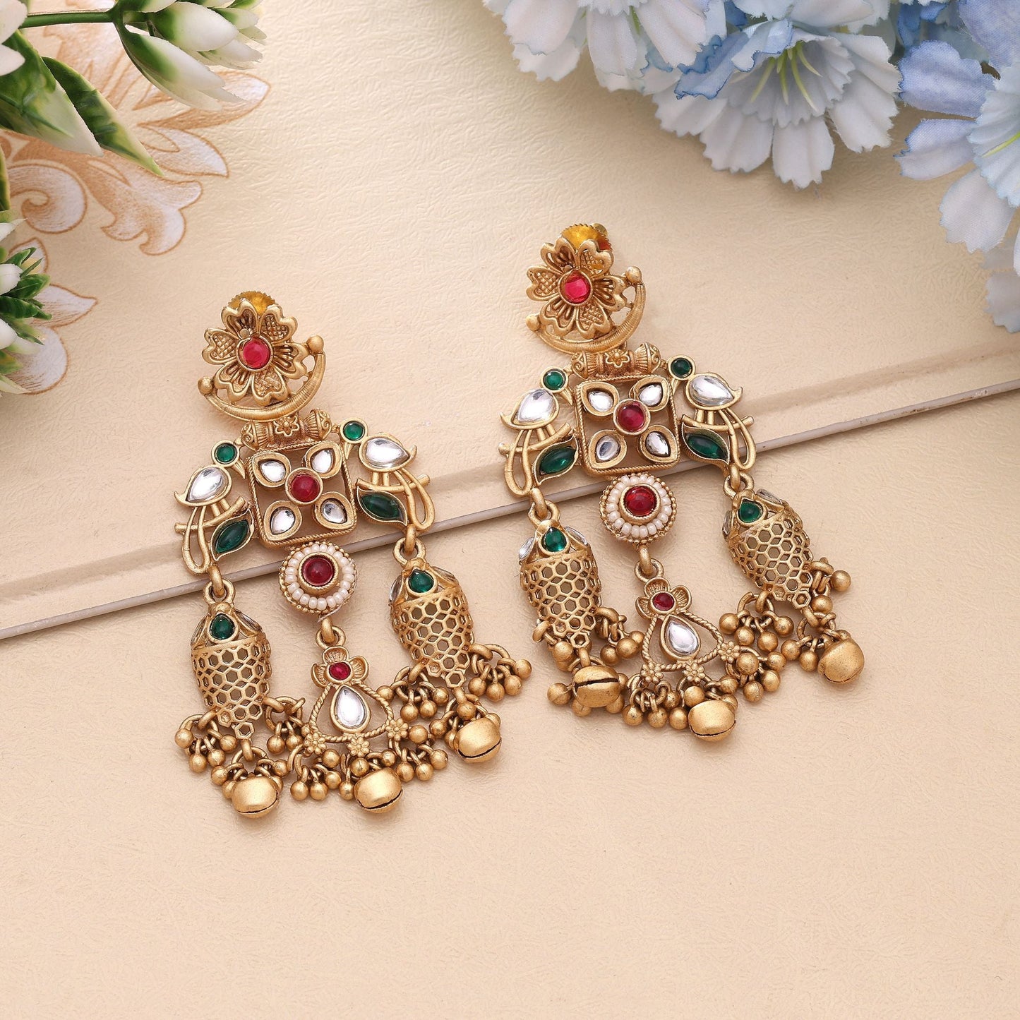 Rani & Green Color Festive Designer Matte Gold Earrings