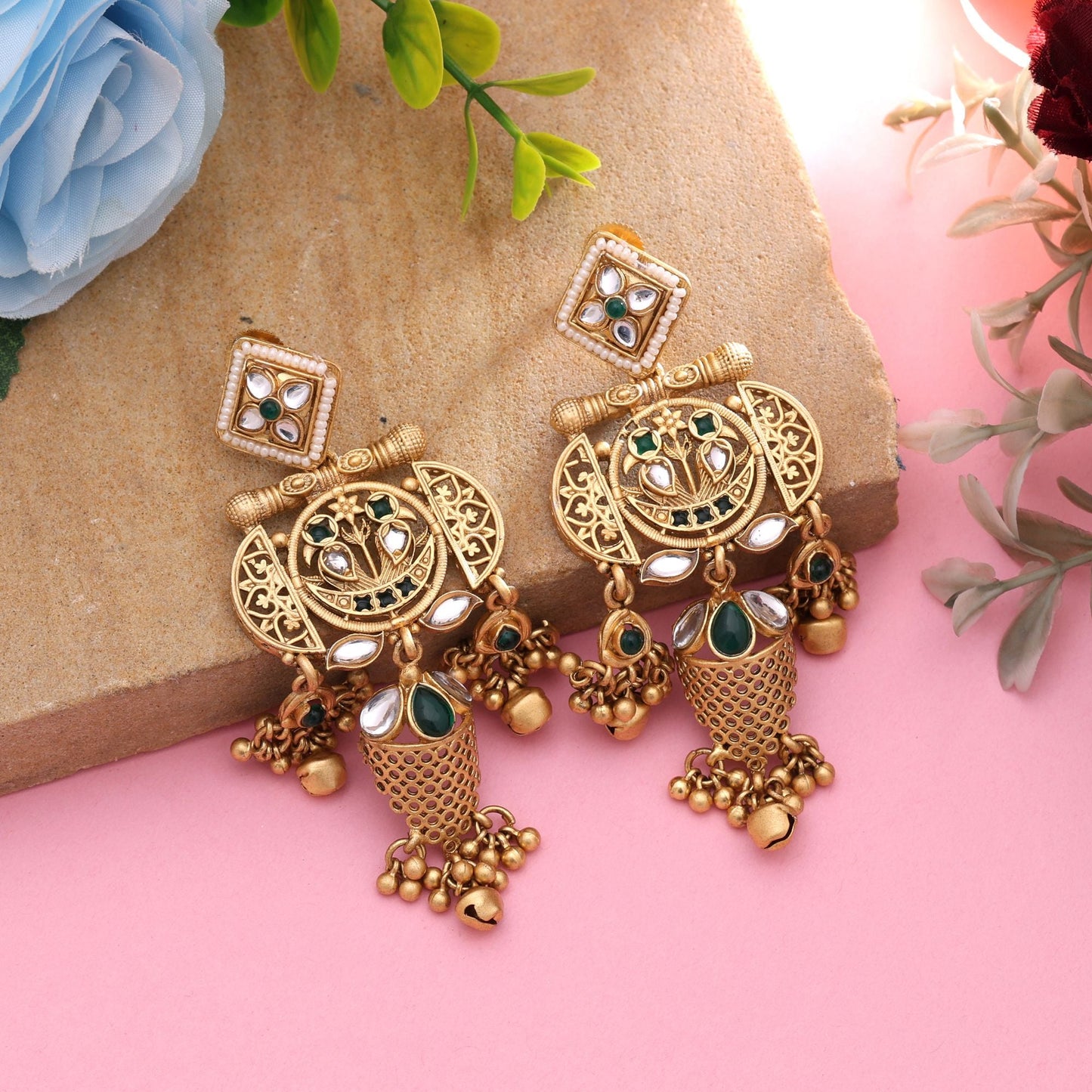 Green Color Elegant Traditional Matte Gold Earrings