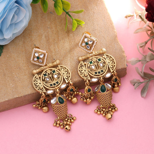 Green Color Elegant Traditional Matte Gold Earrings
