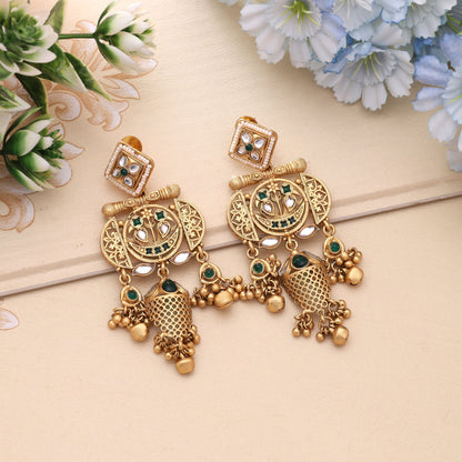 Green Color Elegant Traditional Matte Gold Earrings