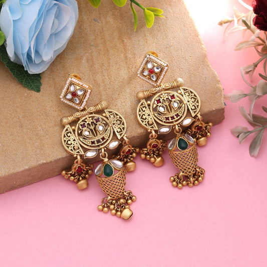 Rani & Green Color Premium Ethnic Matte Gold Earrings